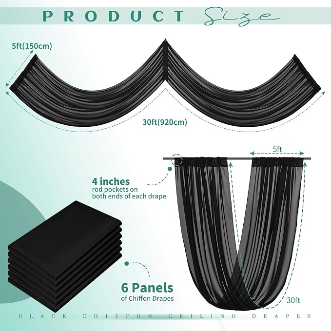 6 Panel Black Wedding Drapes - 5ft x 30ft Sheer Voile Chiffon Curtains - Image 2
