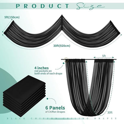 6 Panel Black Wedding Drapes - 5ft x 30ft Sheer Voile Chiffon Curtains - Image 2