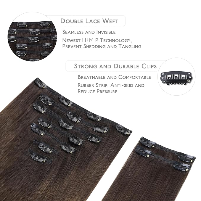 WENNALIFE Clip in Hair Extensions Real Human Hair, 16 Inch 150g 9pcs Remy Hair, Ombre Dark Brown to Light Chestnut Brown Straight Natural Extensiones De Cabello Humano Con Clip Ins