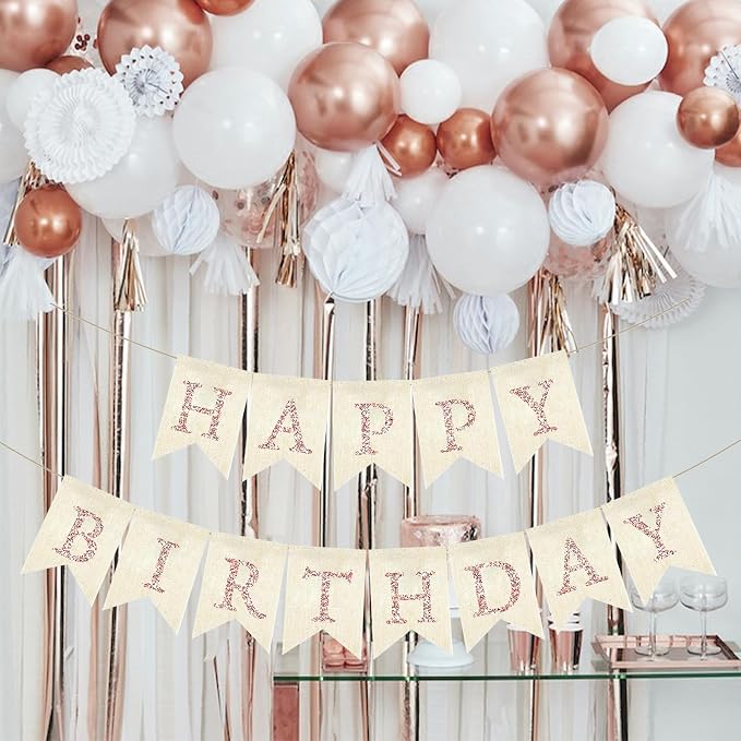 Rose Gold Happy Birthday Banner Pre-strung Burlap Bunting Party Backdrop Sign - Image 3