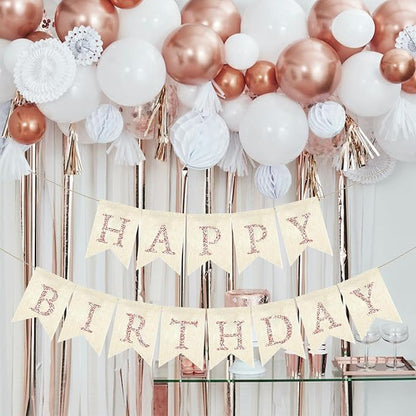 Rose Gold Happy Birthday Banner Pre-strung Burlap Bunting Party Backdrop Sign - Image 3