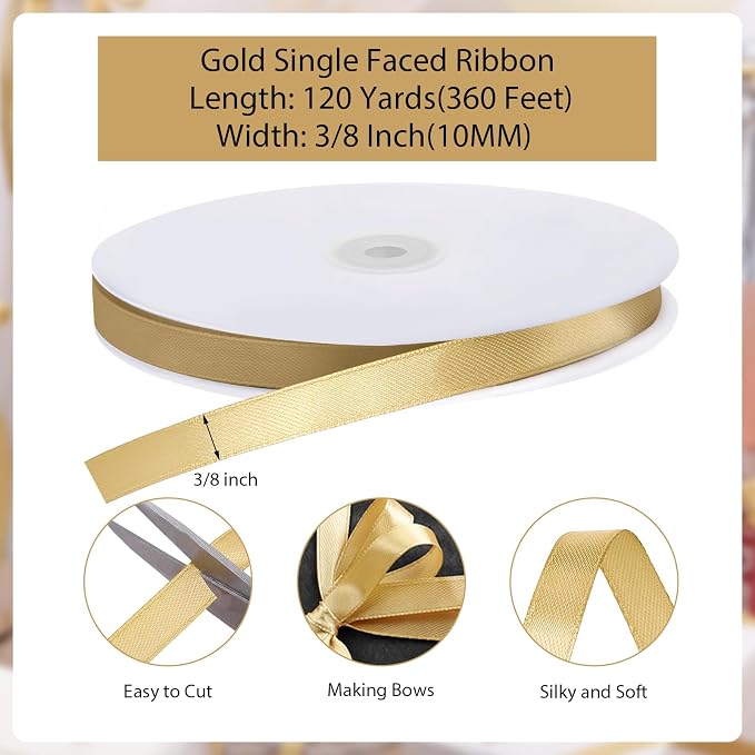woric Gold Ribbon 3/8 Inch 120 Yards Thin Craft Gold Satin Ribbon | Graduation - Image 2