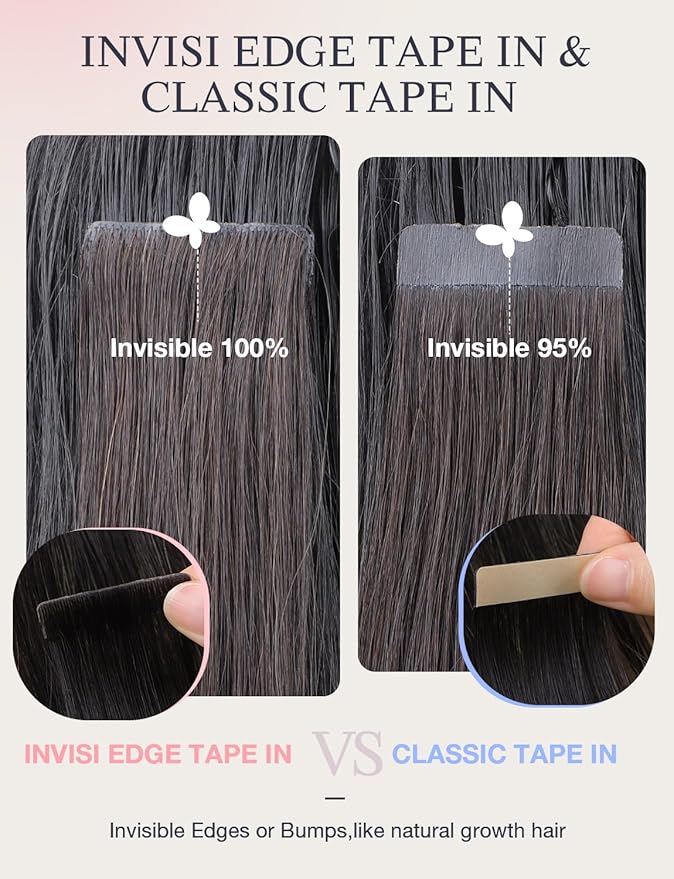 DOORES Seamless Human Hair Extensions Tape in Invisi Edge, Jet Black 10 Injection Tape-ins with 10 Classic Tape-ins 50g 20 Inch, Injection Tape in Extensions Virgin Human Hair