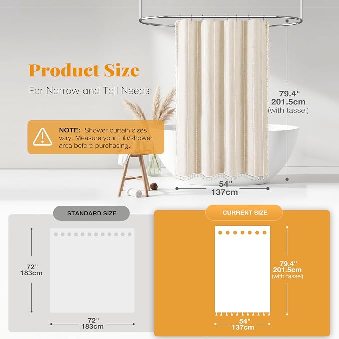 54x78 Boho Farmhouse Linen Heavy Duty Shower Curtain Set, Cream/Beige | Narrow - Image 3