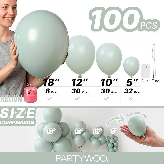 PartyWoo Dusty Green Balloons 100pcs Sage Olive Eucalyptus Green Boho Color | - Image 6