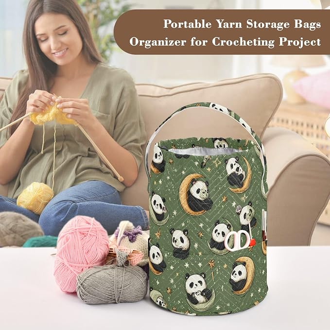 Sage Green Panda Crescents Stars Yarn Bag Small Crochet Bag Drawstring Yarn - Image 4