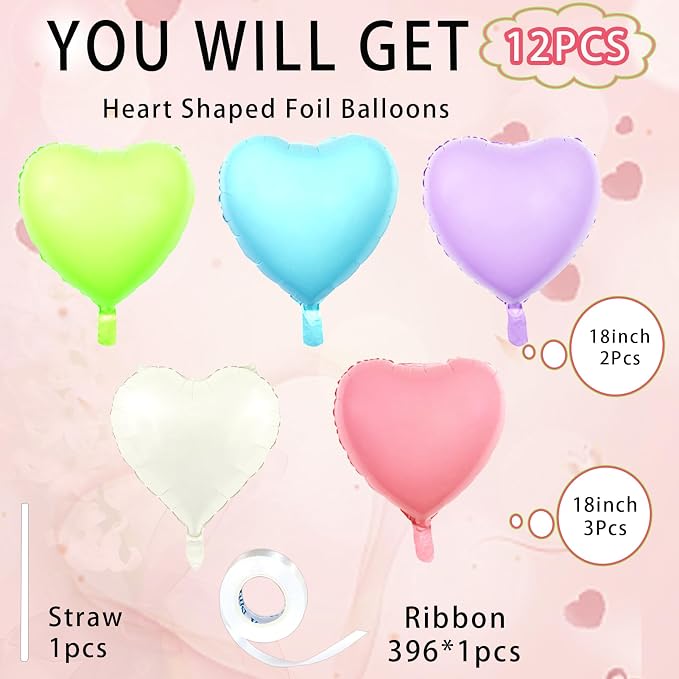 5 Colors Heart Balloons, 18inch Heart Shaped Foil Balloons & Helium Mylar - Image 5