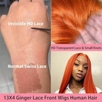 Ginger Orange Lace Front Wigs Human Hair 13x4 HD Transparent Straight Ginger Wig Human Hair Glueless Wigs Pre Plucked With Baby Hair 350 Colored 180% Density Ginger Wig 22 inch