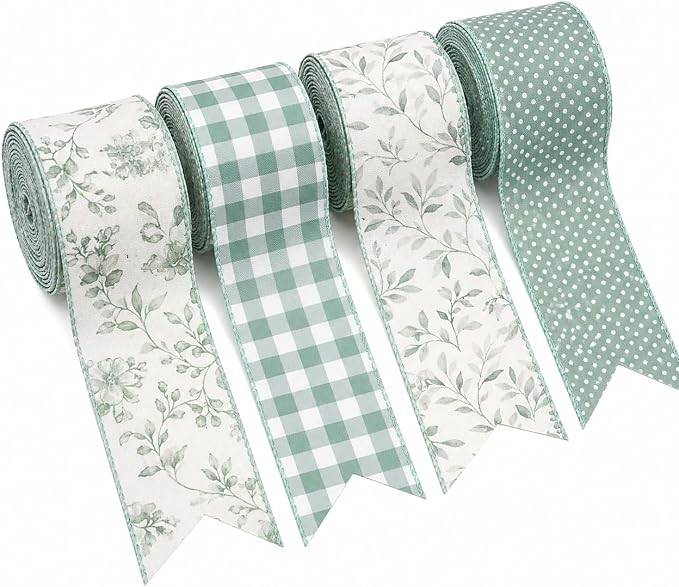 Sage Green Wired Ribbon, 4 Rolls 2.5 Inch Decorative Gingham Ribbon by Unknown