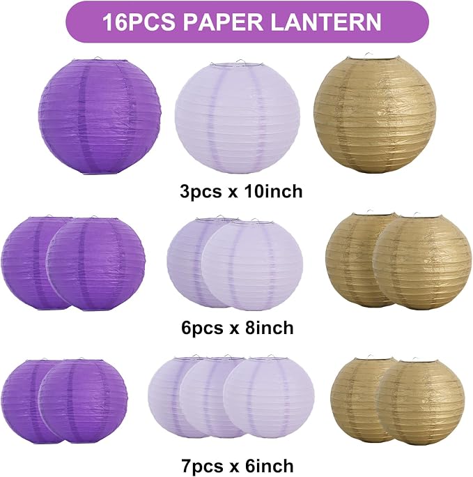BEISHIDA Purple Gold Paper Lanterns 16Pcs 6/8/10 Inch Round Chinese Lamp | - Image 2