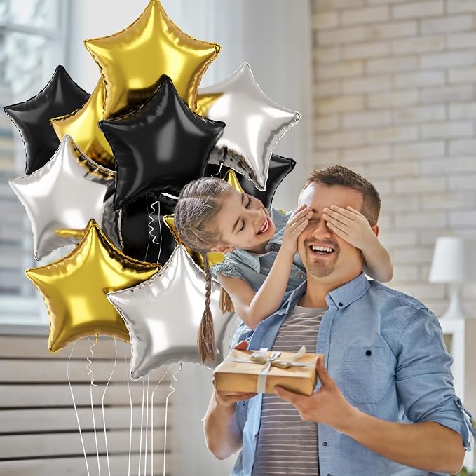 Black Gold Star Foil Balloons, 18 Inch 12Pcs Silver and Black Pentagram - Image 4