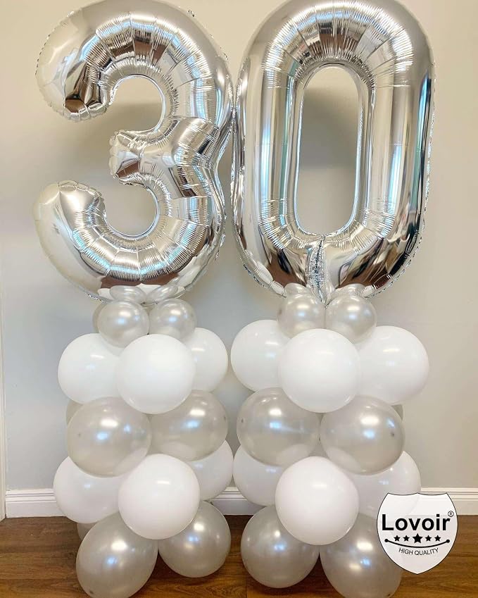 Silver 30 Number Balloons, 40 Inch Giant Number 30 Balloons Foil Mylar Helium - Image 7