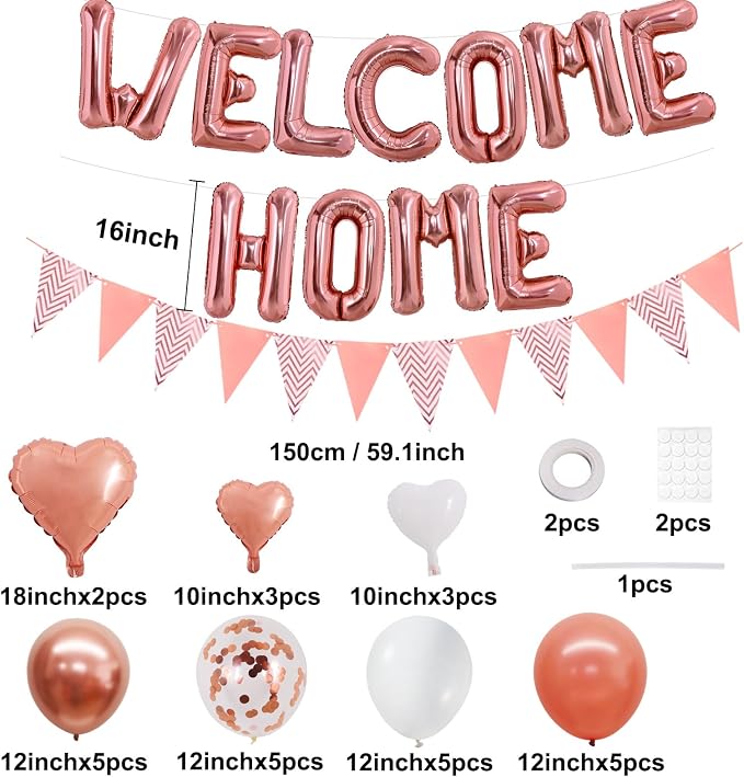 TONIFUL 16 Inch Rose Gold Welcome Home Foil Letter Balloon Banner Decor Kit | - Image 2