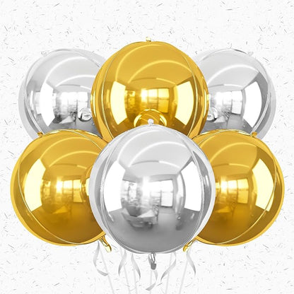 6Pcs Gold Silver Round Foil Balloons, Giant 4D Round Ball Balloons, 22 Inch by Adorely