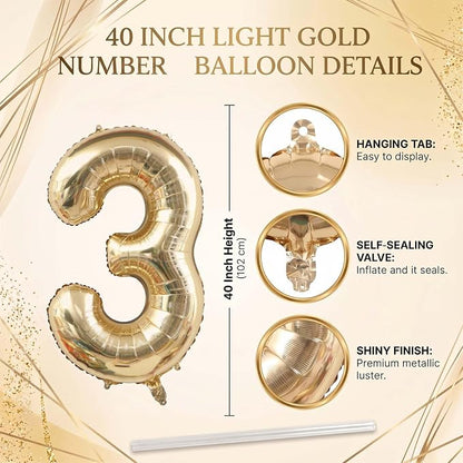 White Gold Number 3 Balloon 40 Inch, Metallic Numeral - Image 4