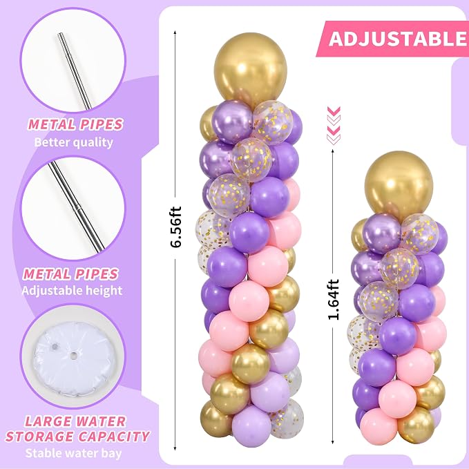 Pink Purple Gold Balloons Column Stand Kit Set of 2, 1.5ft to 7ft Free - Image 3