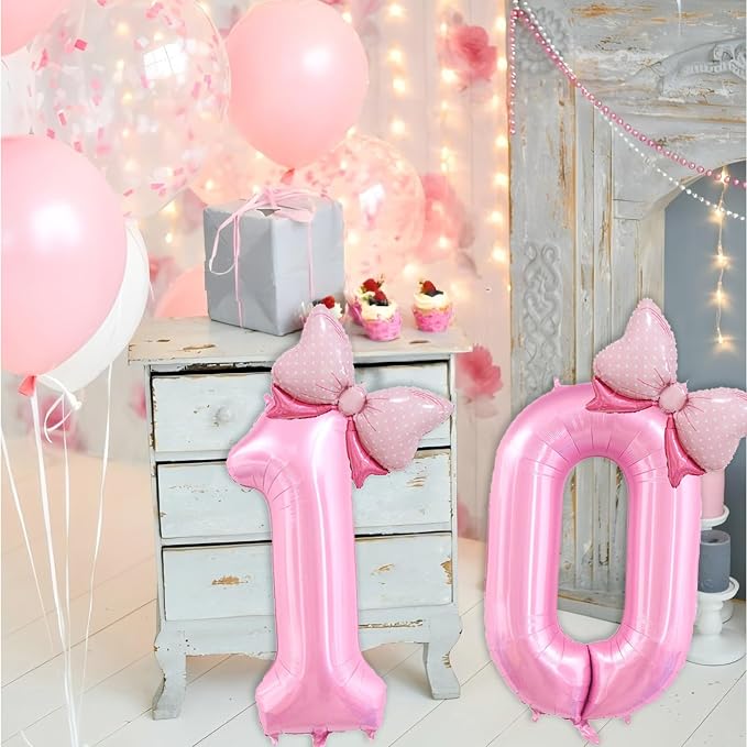 40 inch Number 10 Balloon with Bow Pink Happy Birthday Jumbo Number Balloons - Image 3
