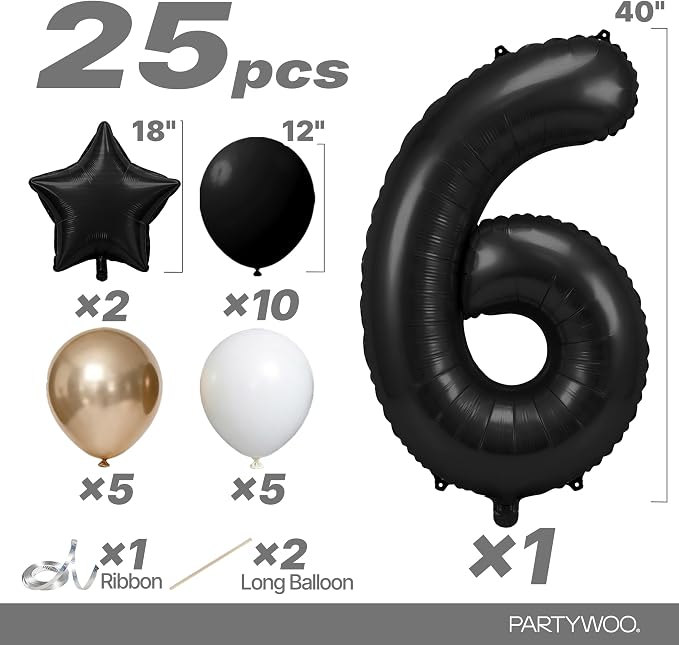 PartyWoo Number Balloons 40 Inch Black Number 6 Kit 25pcs - Image 2
