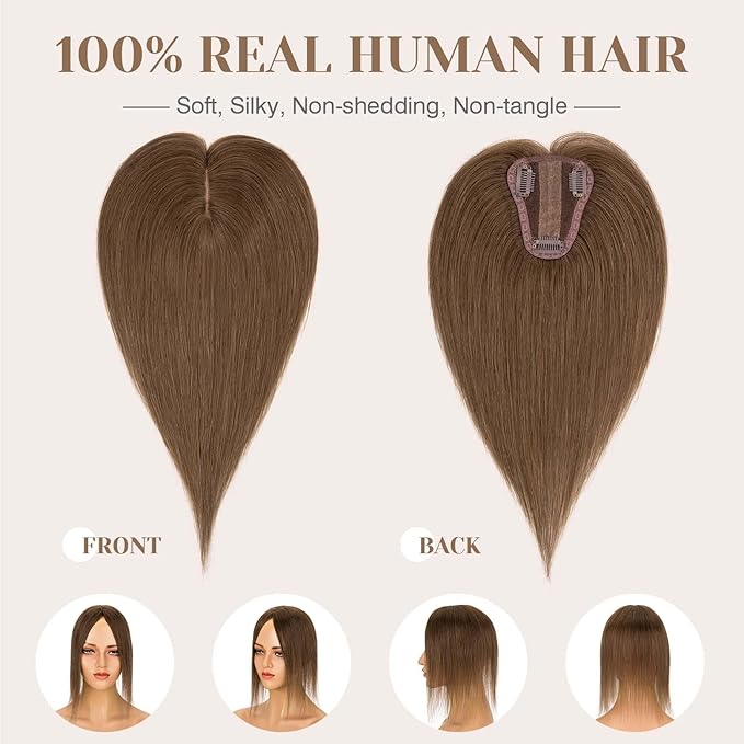 S-noilite Hair Toppers for Women Real Human Hair 3D 360° Cover Clip in 100% Real Human Hair Toppers 3″*4″ Clip in Silk Base 10 inch Meduim Brown