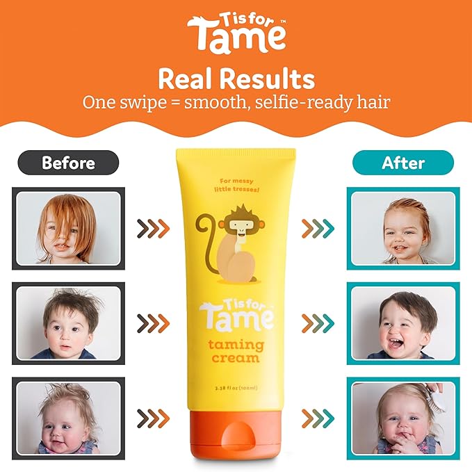 T is for Tame - All-Natural Hair Taming Cream for Kids, Frizz & Flyaway Control, Coconut Oil & Jojoba Leave-In, Safe for Babies & Toddlers, Non-Greasy, 3.38 Fl Oz (Bundle of 2)
