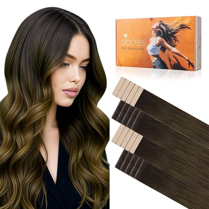 DOORES Invisi Edge Tape in Hair Extensions Real Human Hair, Natural Black to Dark Brown and Chocolate Brown 10 Injection Tape-ins with 10 Classic Tape-ins 50g 22 Inch, Injection Tape in
