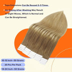 Full Shine Tape in Hair Extensions Human Hair Color 10 Golden Brown Fading to 14 Golden Blonde Invisible Double Sided Human Hair Extensions Tape in 20 Inch Soft and Silky 50 Grams 20 PCS for Wedding