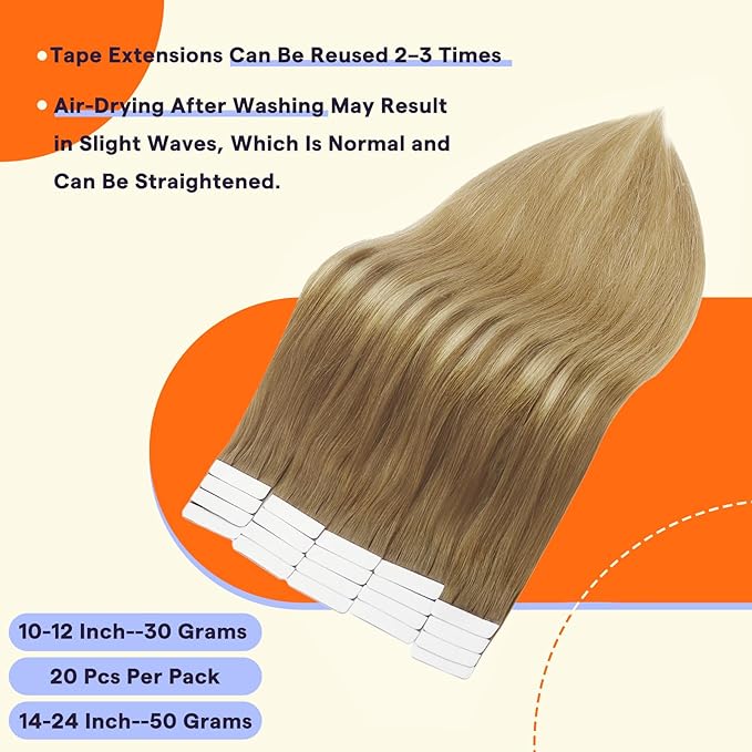 Full Shine Tape in Hair Extensions Human Hair Color 10 Golden Brown Fading to 14 Golden Blonde Invisible Double Sided Human Hair Extensions Tape in 20 Inch Soft and Silky 50 Grams 20 PCS for Wedding