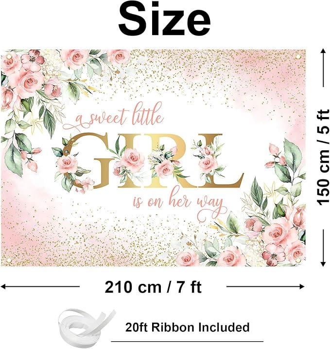 Avezano Girl Baby Shower Backdrop Pink Floral Sweet Baby Baby Shower Banner A - Image 3