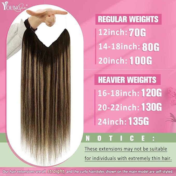 YoungSee 120G Wire Hair Extensions Human Hair Balayage Wire Extensions with Adjustable Clips Dark Brown Fading to Caramel Blonde Balayage Fish Line Human Hair Extensions 18Inch