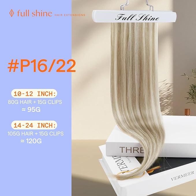 Full Shine 20 Inch Clip in Human Hair Blonde Real Hair Extensions Dirty Blonde Highlighted 7 Pcs Double Weft Brazilian Remy Hair Soft Straight Invisible Hair
