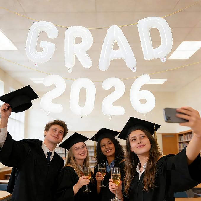 White GRAD 2026 Banner Balloons, 16 Inch Mylar Foil letter Graduation Balloons - Image 4