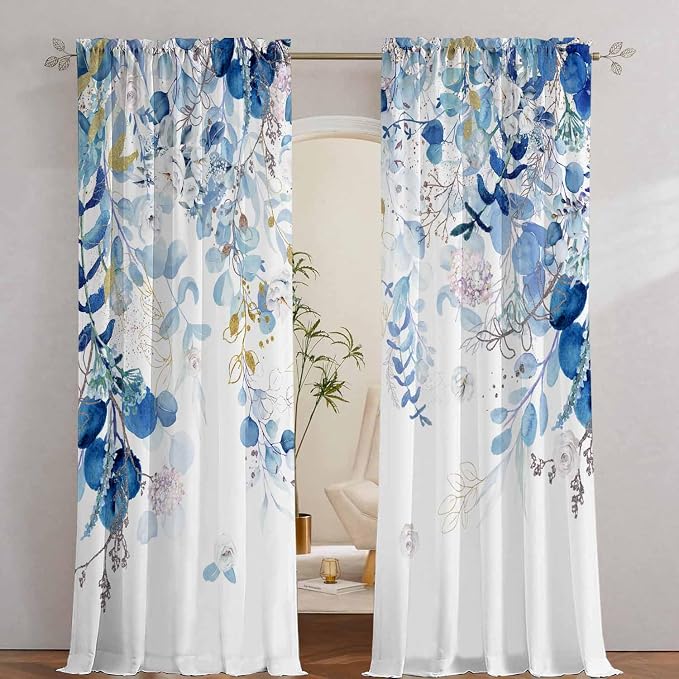 Blue Botanical Curtains 96 Inches Long by GOLDLAWN