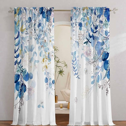Blue Botanical Curtains 96 Inches Long by GOLDLAWN