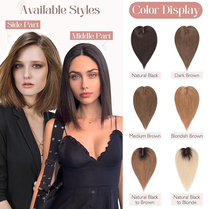 Hairro 100% Human Hair Topper No Bangs, Real Clip in Hair Hairpieces for Women, 3.94x4.72" Silk Base for Thinning Receding High Hairline, 10 Inch Natural Black Side Part