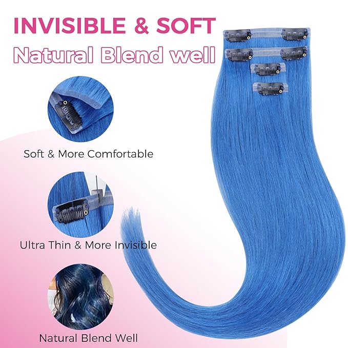 Lashey Clip in Hair Extensions Real Human Hair 50g 4pcs Blue Straight Seamless Clip in Hair Extensions Human Hair 22 Inch Hair Extension Clips
