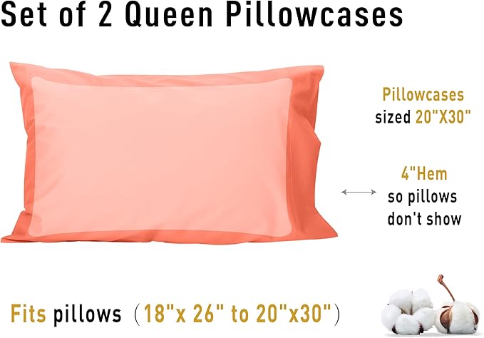 Sunflower Queen Pillowcases Set of 2, 100% Cotton Queen Size Pillow Cases 2, 20×30 inches Coral, Soft and Breathable