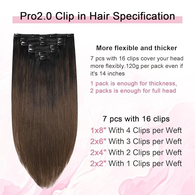 Pro2.0 Clip in Hair Extensions Real Human Hair 120g Thick 7pcs Color #1BT4 Natural Black Fading to Middle Brown Remy Real Human Hair Extensions Clip ins 14inch Double Weft（#1BT4-14inch）