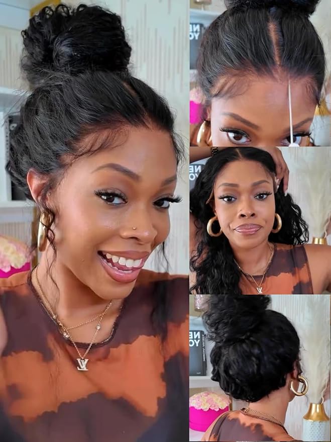KLAIYI Water Wave HD Real Scalp Glueless Precut 13x4 Lace Front Human Hair Wig Drawstring Bye Bye Knots Pre Plucked Bleached Pre Everything 30S Ready to Wear and Go Deep Curly Wave Beginner Wig 26Inch