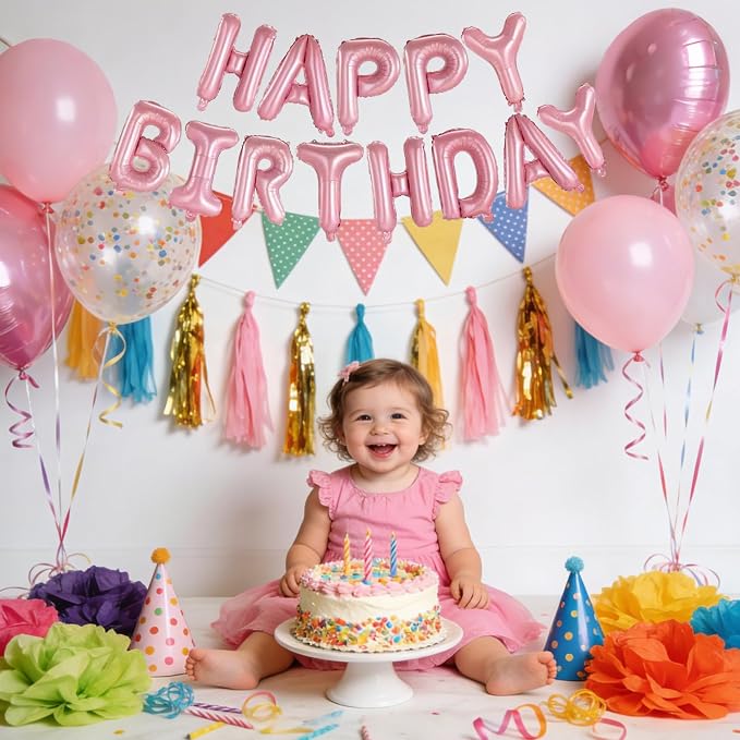 Pink Happy Birthday Balloons Banner, 16 Inch Pink Letters Aluminum Foil Balloon - Image 4