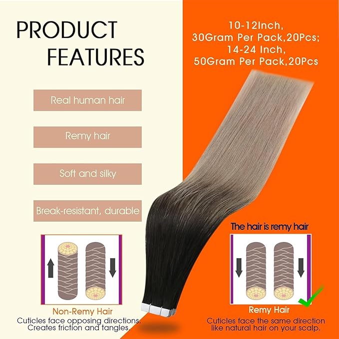 Full Shine Tape in Hair Extensions Color 1B/18 Ombre Black To Blonde Double Sided Tapes Hair Extensions 20Pcs 50G Remy Tape in Extensions Human Hair 14Inch Straight Skin Weft Hair Extension for Women
