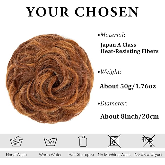 CJL HAIR Large Messy Bun Hair Piece Wavy Curly Scrunchies Synthetic Chignon Ponytail Hair Extensions Thick Updo Hairpieces for Women Tizian Red