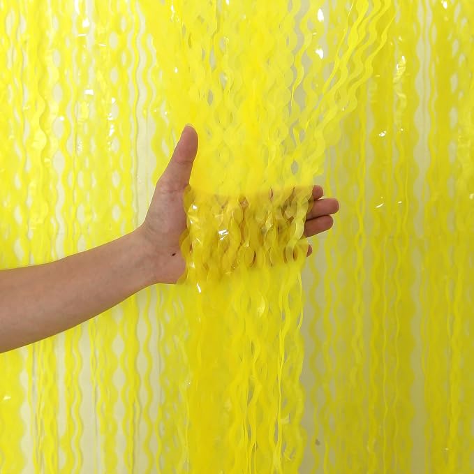 4 Pack Wavy Yellow Foil Curtain Backdrop -3.3 ft x 6.6 ft Gold Tinsel Backdrop by CYLMFC