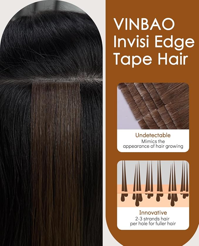 VINBAO Injected Tape in Hair Extensions Pro Invisi Edge Tape in Extensions Human Hair 55g 20in 20pcs Darkest Brown Seamless Injection Tape ins Hand-Tied 20inch #2