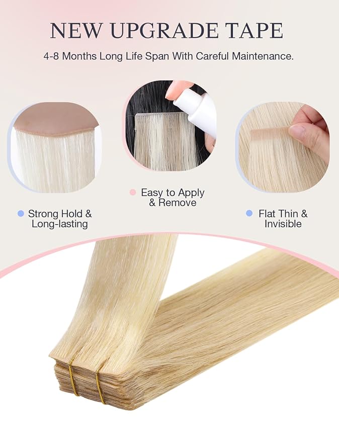 DOORES Invisi Edge Hair Extensions Real Human Hair Tape in, Drity Blonde Mixed Platinum Blonde 10 Injection Tape-ins with 10 Classic Tape-ins 50g 14 Inch, Injection Tape in Extensions