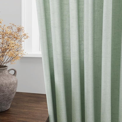 Aqua Green Linen Curtains 102 Inches Long Rod Pocket Back Tab Drapes 2 Panels - Image 4