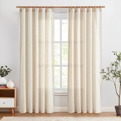 jinchan Floral Linen Curtains Embroidered Back Tab 50x90in 2 Panels Ivory | - Image 3