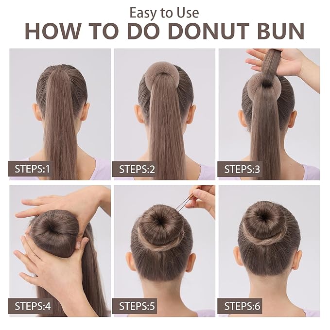 FANDAMEI Hair Bun Maker Set- 8 PCS Hair Donuts for Buns (2 Extra-large,2 Large,2 Medium and 2 Small), 40 PCS Bobby Pins, 5 PCS Hair Elastic Ties Black,Bun Maker - Tan Brown