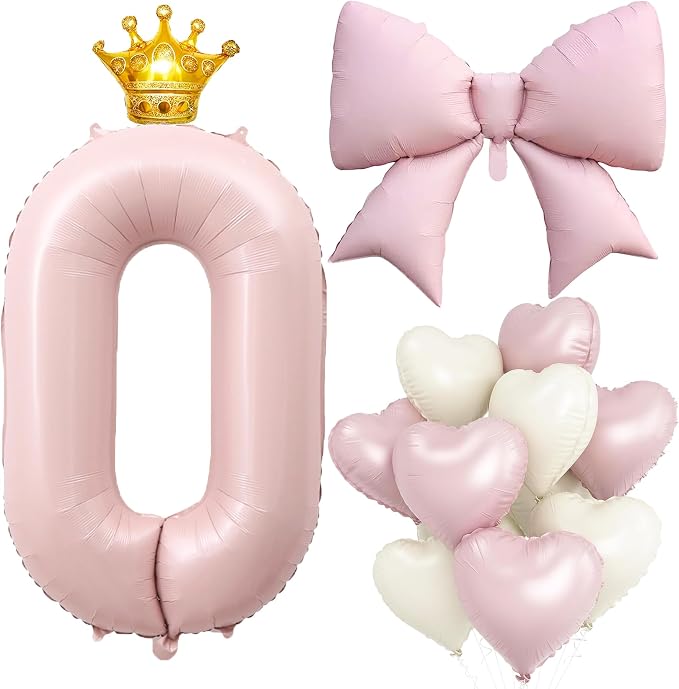 LilyZheng Pastel Pink Number 0 Foil Balloon Set, Baby Pink 0 Balloon & Bow by LILYZHENG