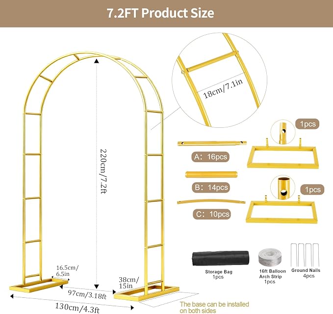 7.2FT Wedding Arch Backdrop Stand Metal Frame Gold Pergola Arbor - Image 4