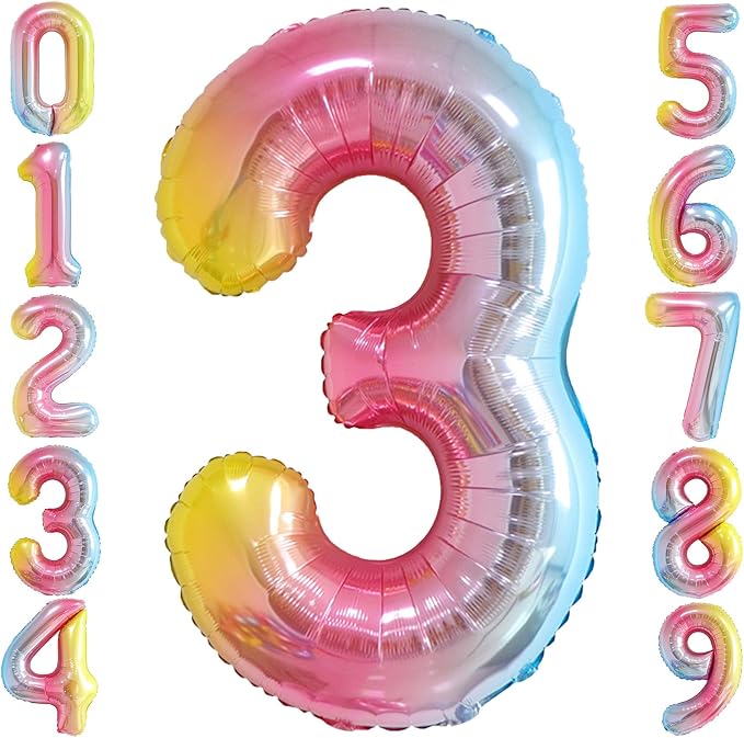 Rainbow Gradient Number 3 Balloon 40 Inch Big Large Balloons 0-9 | 3rd Helium by SULALABOO